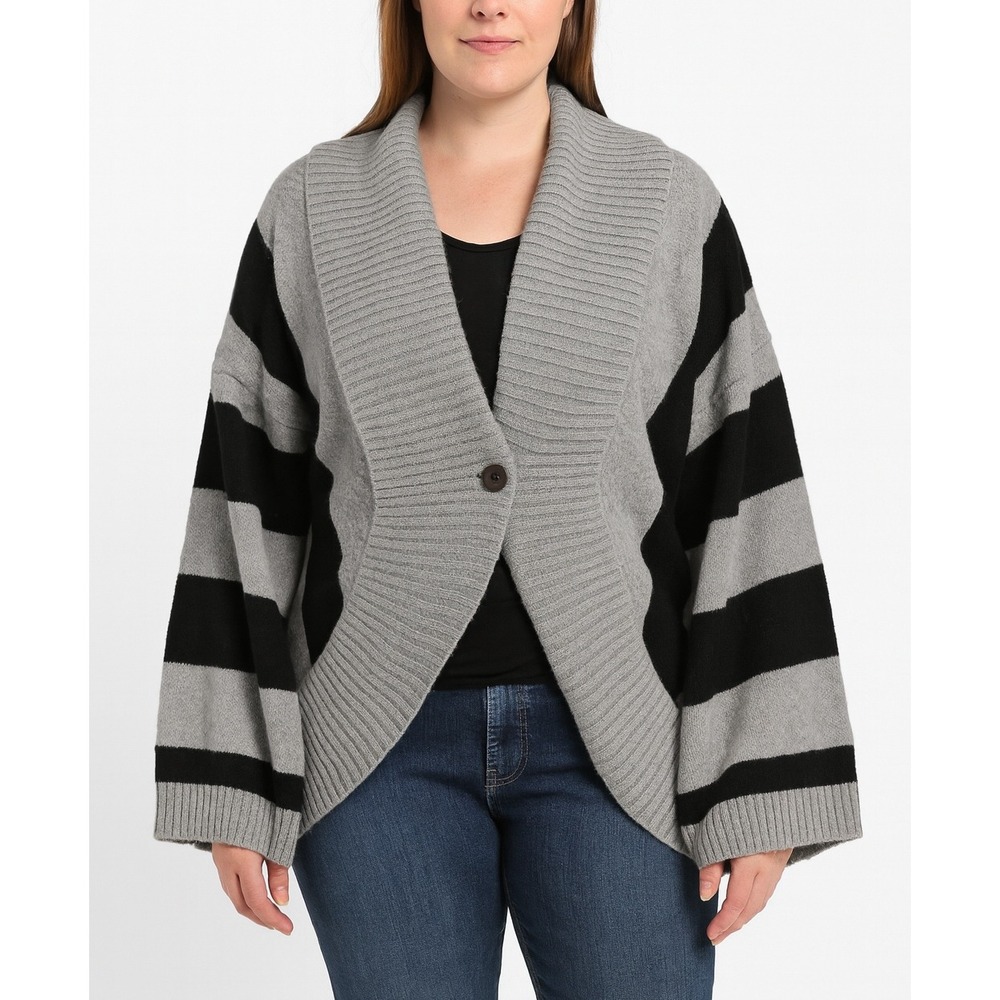 Roxy‎ Gray Black Striped Cardigan Sweater Size M Oversized Cozy Knit